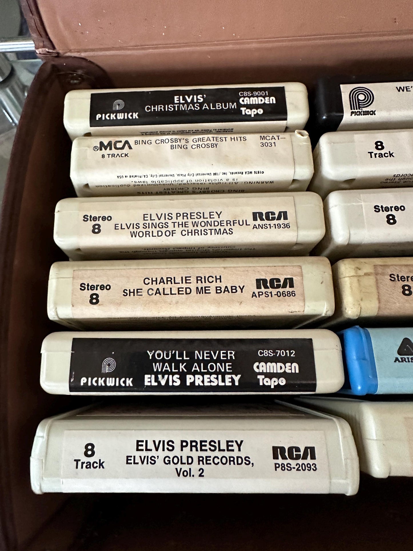 Vintage Faux Leather  8 Track Case | Faux Leather 24 8 Track Tape Carrying Case with 24 Tapes – Elvis, Johnny Cash, Sinatra, Country, 1970s