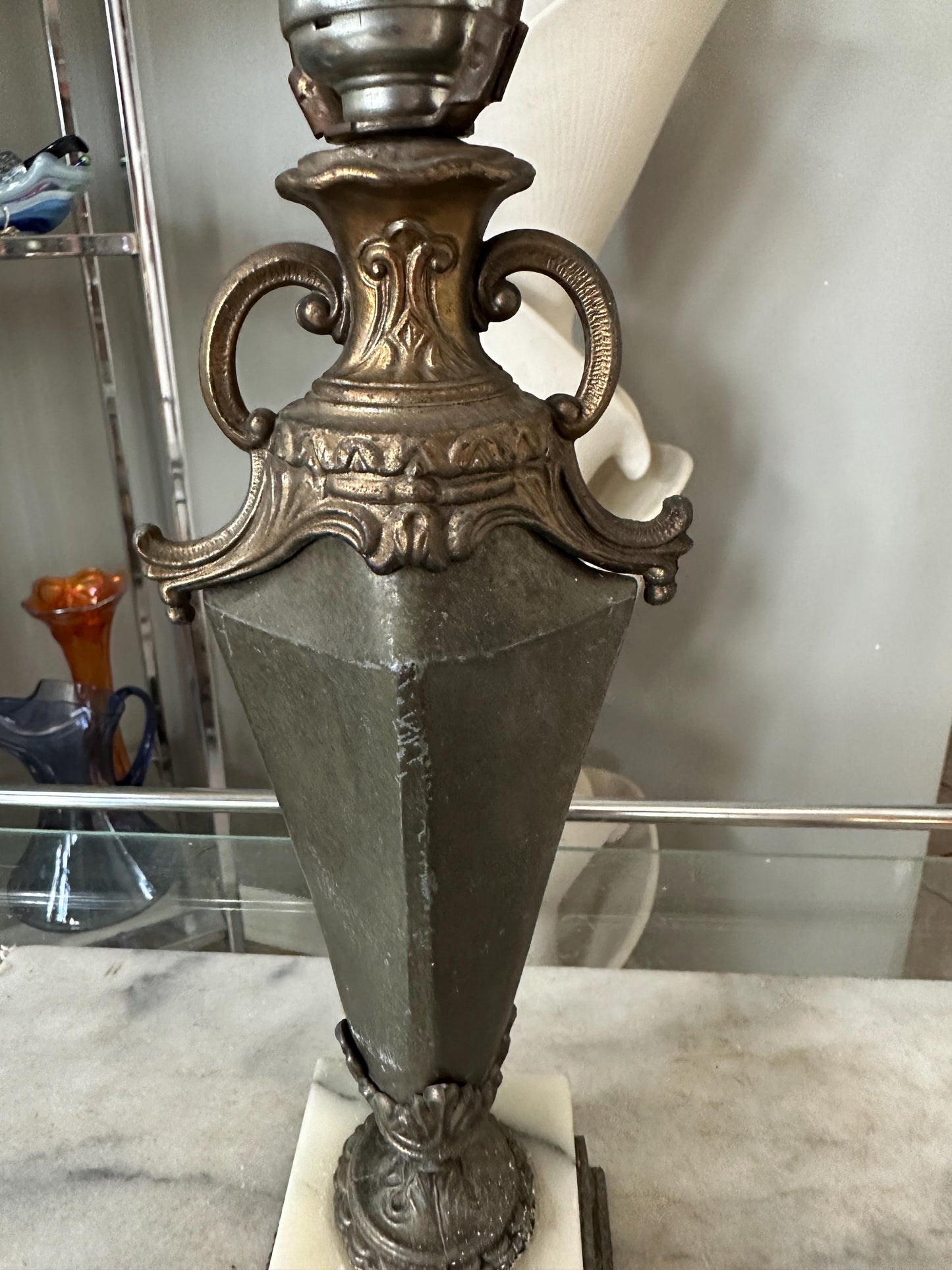 Vintage Neoclassical Marble & Ornate Metal Table Lamp – Classical Urn Form – 22” Tall