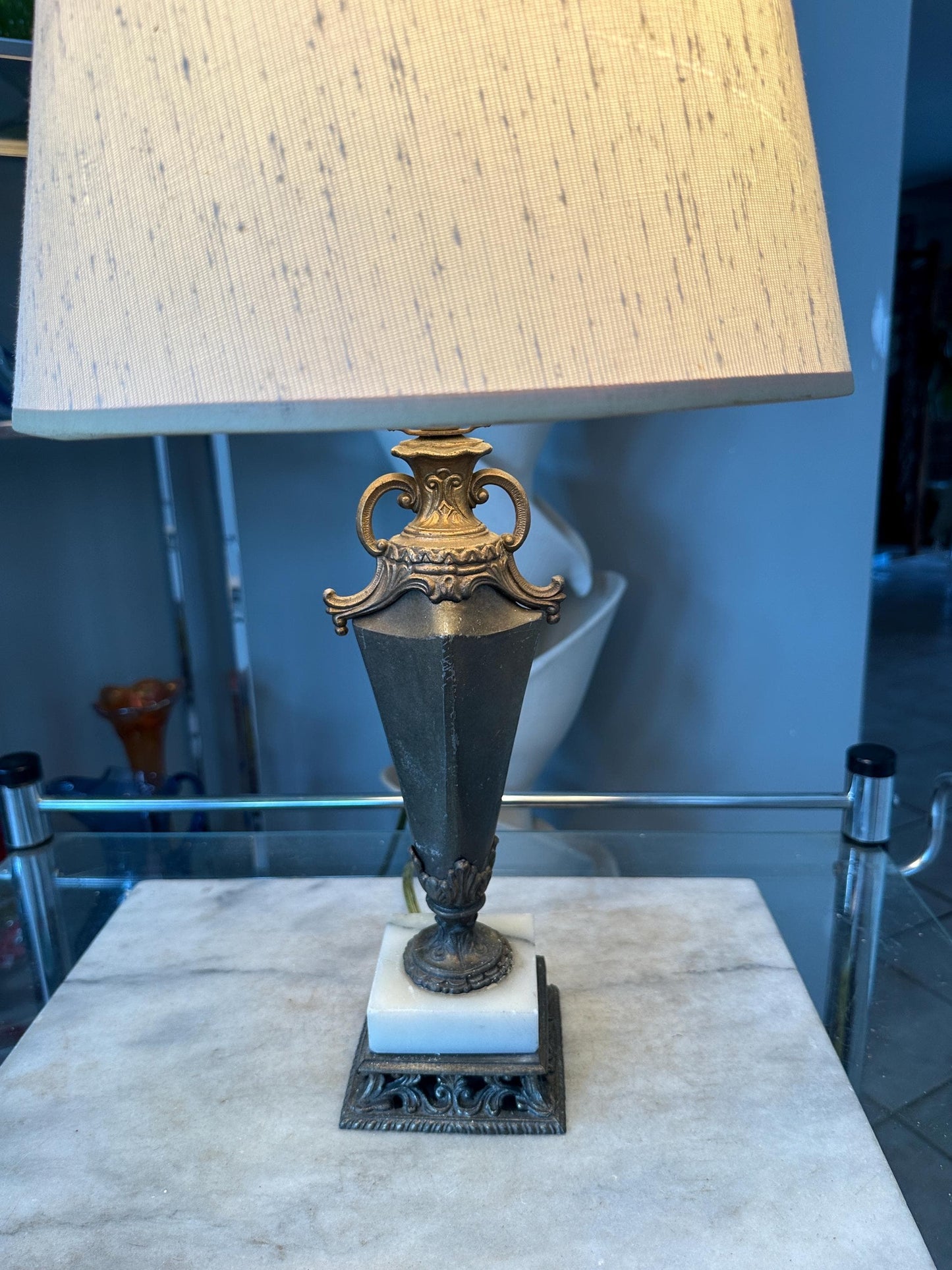 Vintage Neoclassical Marble & Ornate Metal Table Lamp – Classical Urn Form – 22” Tall