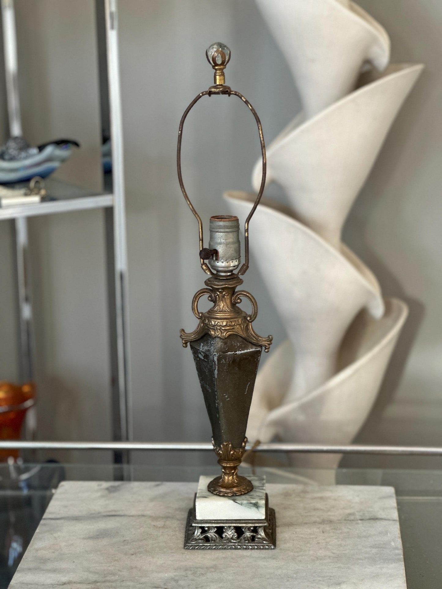 Vintage Neoclassical Marble & Ornate Metal Table Lamp – Classical Urn Form – 22” Tall