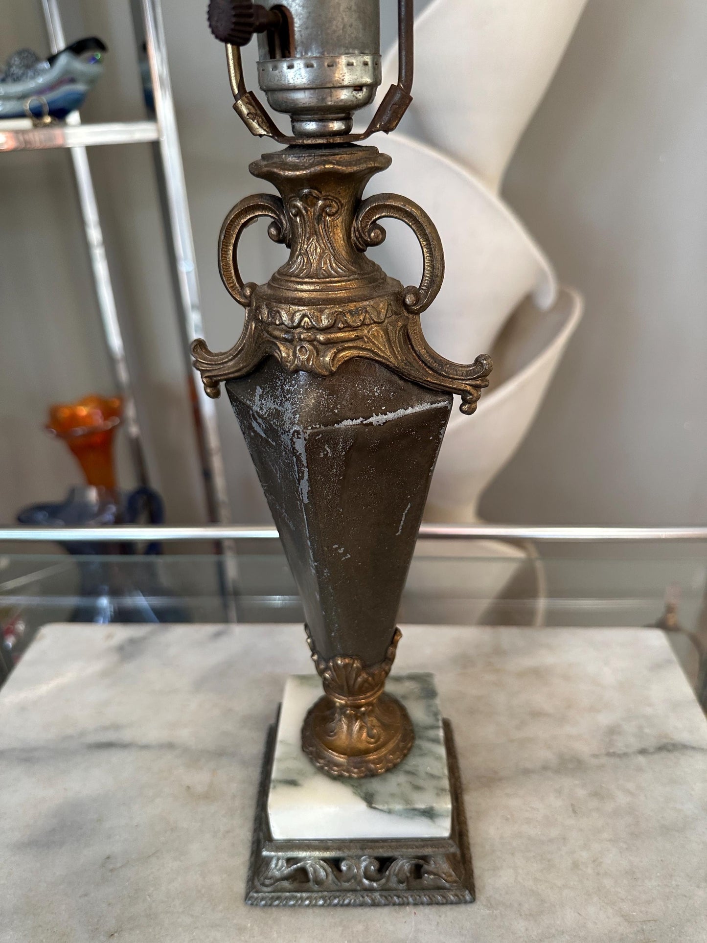 Vintage Neoclassical Marble & Ornate Metal Table Lamp – Classical Urn Form – 22” Tall