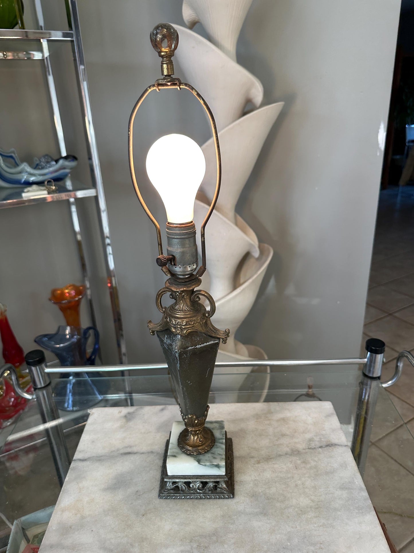 Vintage Neoclassical Marble & Ornate Metal Table Lamp – Classical Urn Form – 22” Tall