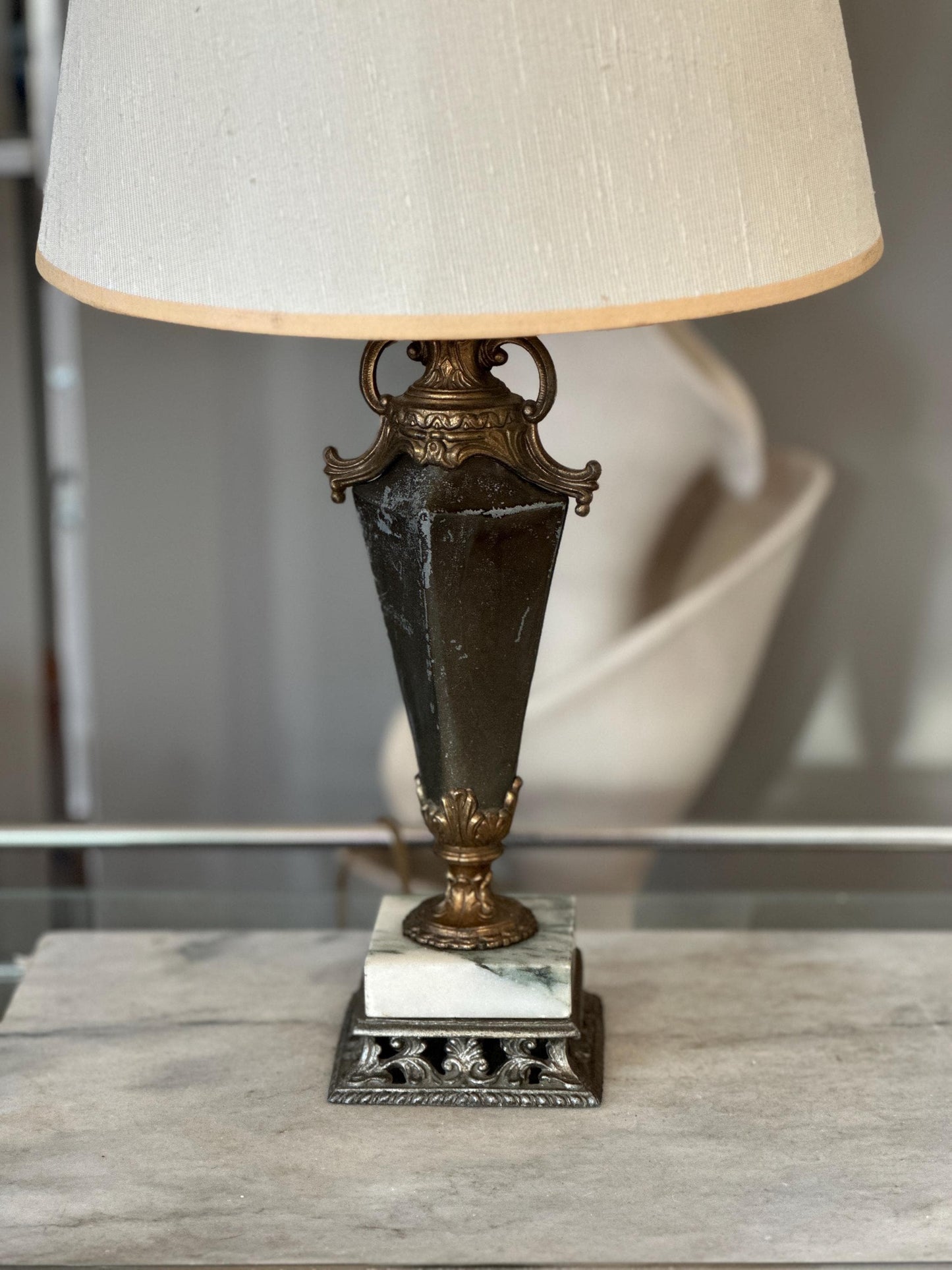 Vintage Neoclassical Marble & Ornate Metal Table Lamp – Classical Urn Form – 22” Tall