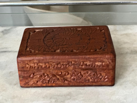 Vintage Carved Wooden Box, Hinged Lid,  4" x 6" size, Hand Carved in India