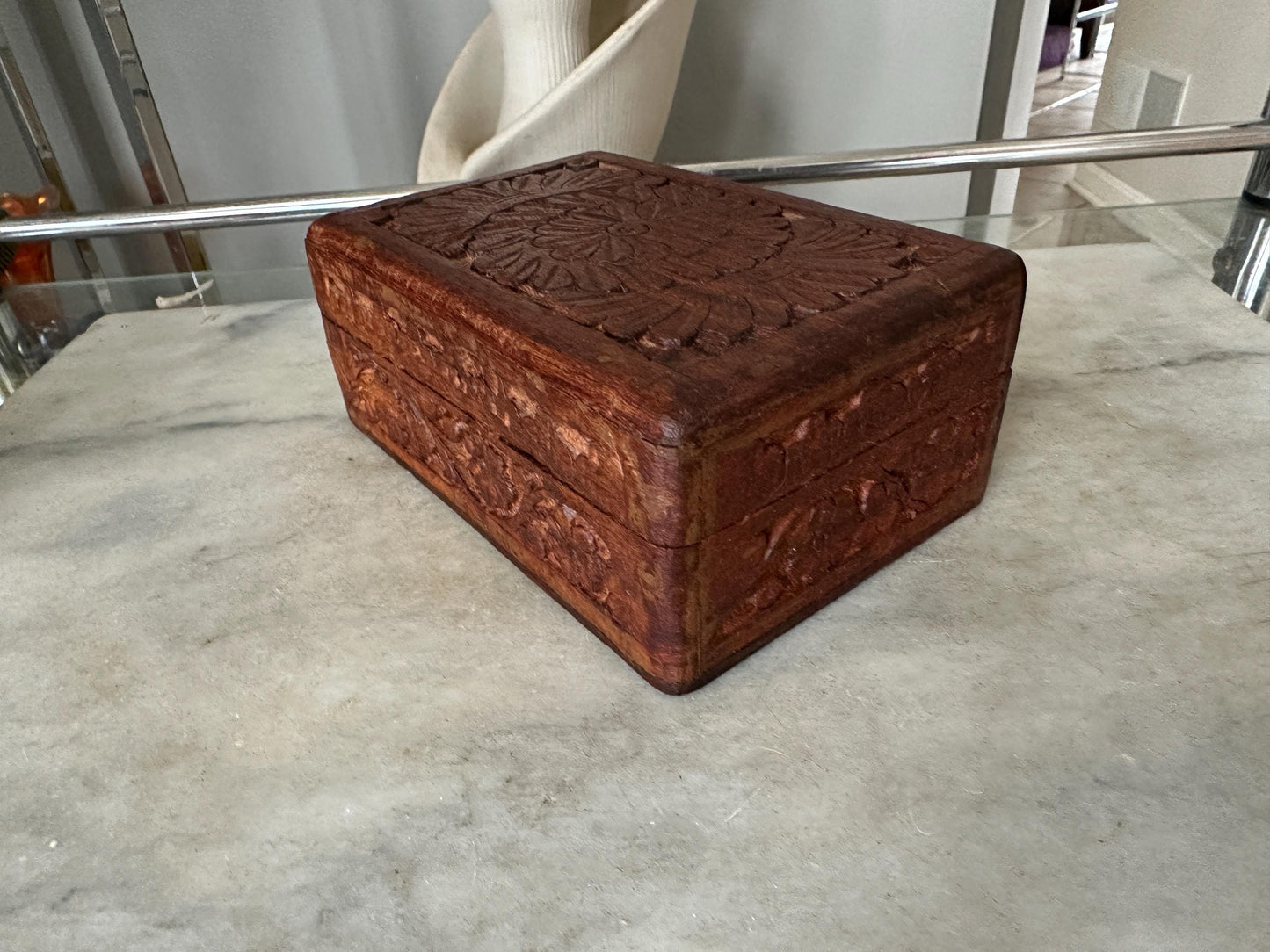 Vintage Carved Wooden Box, Hinged Lid,  4" x 6" size, Hand Carved in India