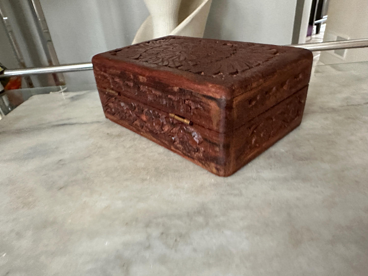 Vintage Carved Wooden Box, Hinged Lid,  4" x 6" size, Hand Carved in India