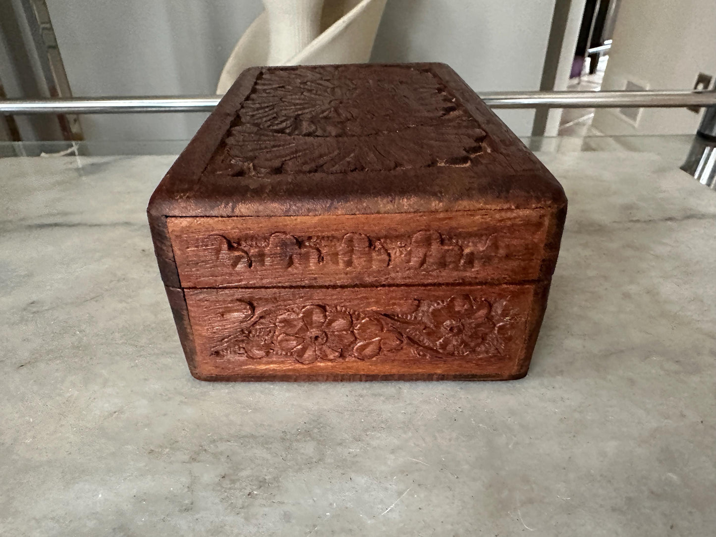 Vintage Carved Wooden Box, Hinged Lid,  4" x 6" size, Hand Carved in India