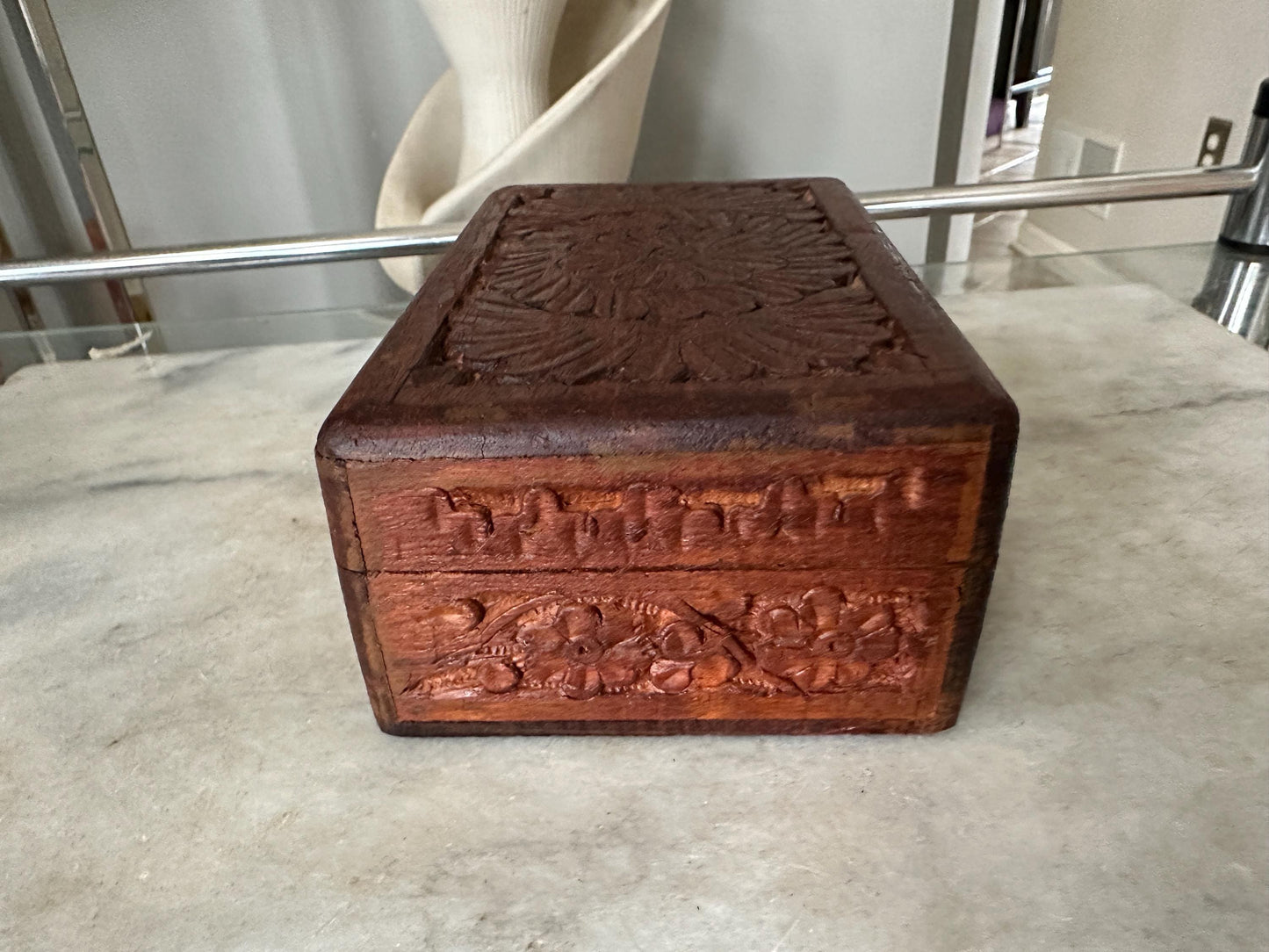 Vintage Carved Wooden Box, Hinged Lid,  4" x 6" size, Hand Carved in India