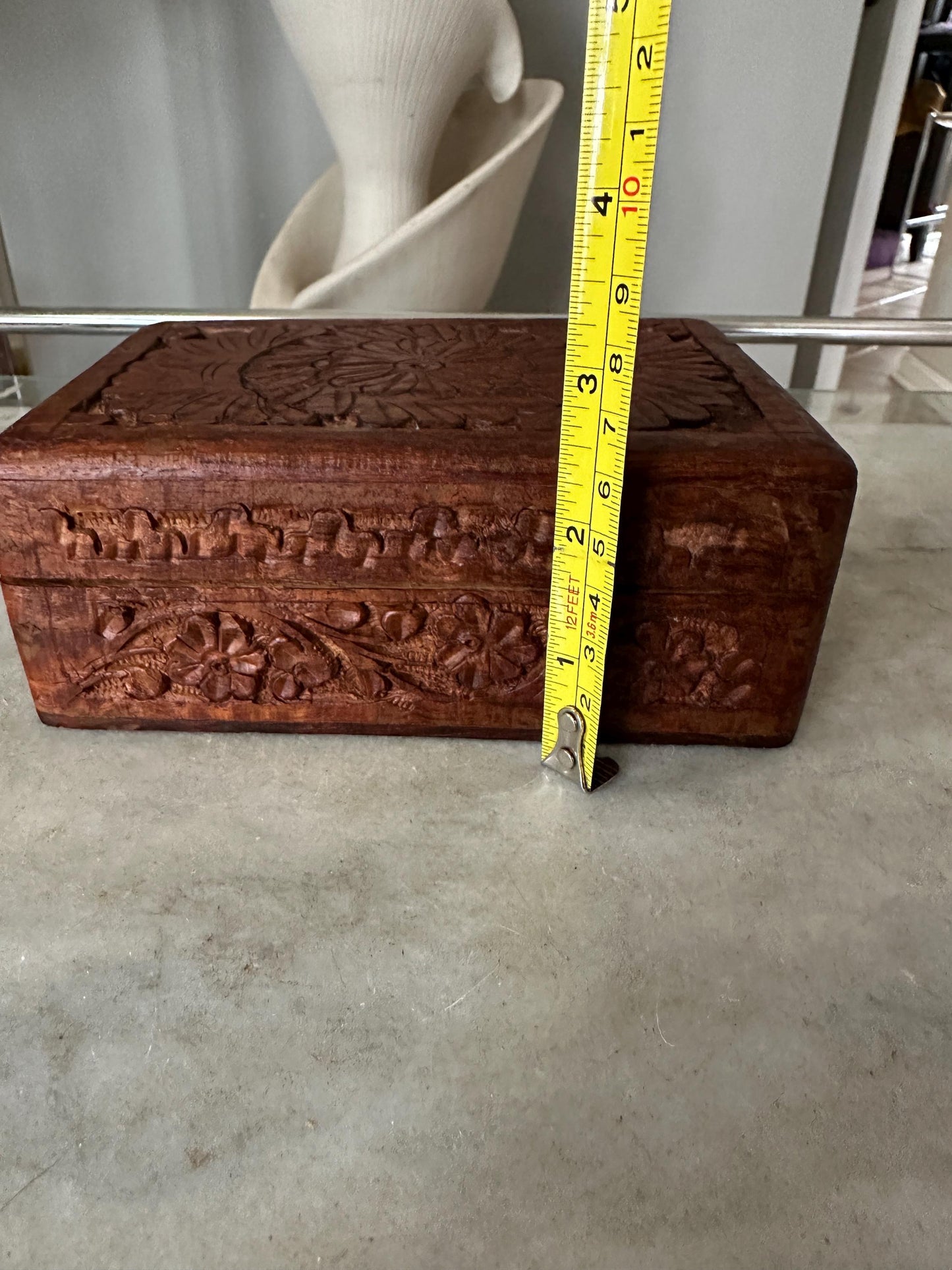 Vintage Carved Wooden Box, Hinged Lid,  4" x 6" size, Hand Carved in India