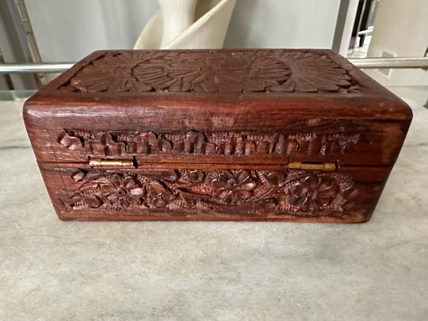 Vintage Carved Wooden Box, Hinged Lid,  4" x 6" size, Hand Carved in India
