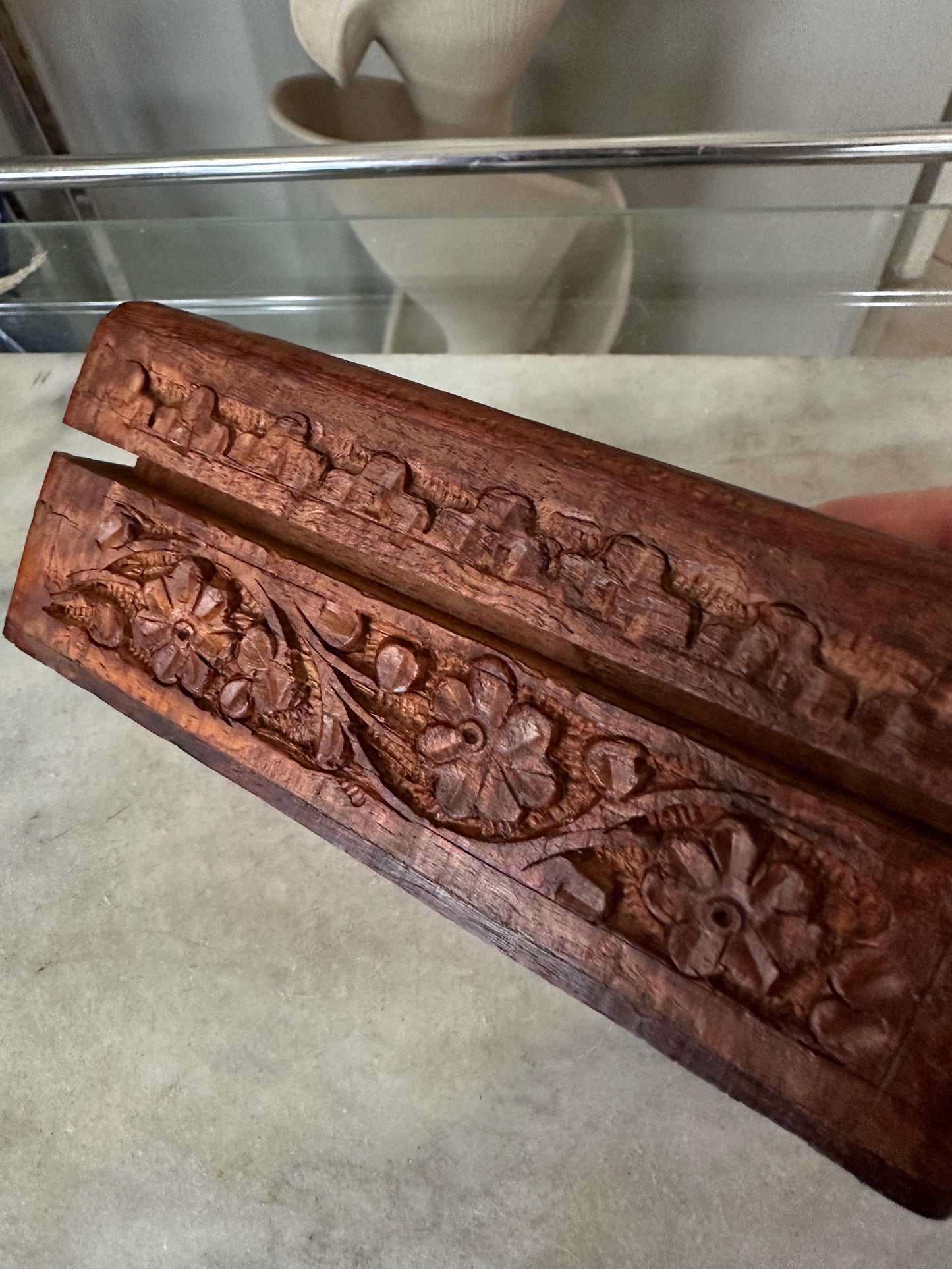 Vintage Carved Wooden Box, Hinged Lid,  4" x 6" size, Hand Carved in India