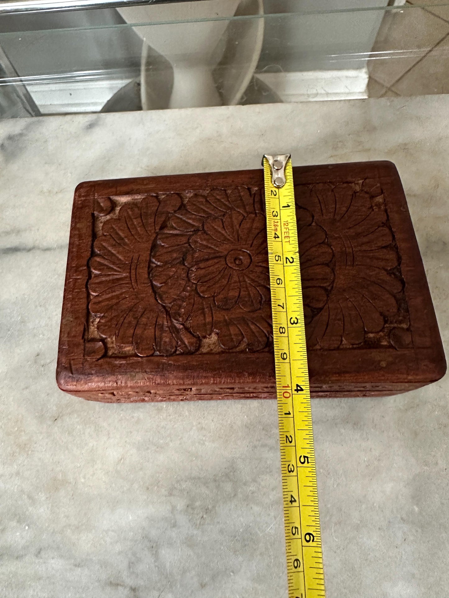 Vintage Carved Wooden Box, Hinged Lid,  4" x 6" size, Hand Carved in India