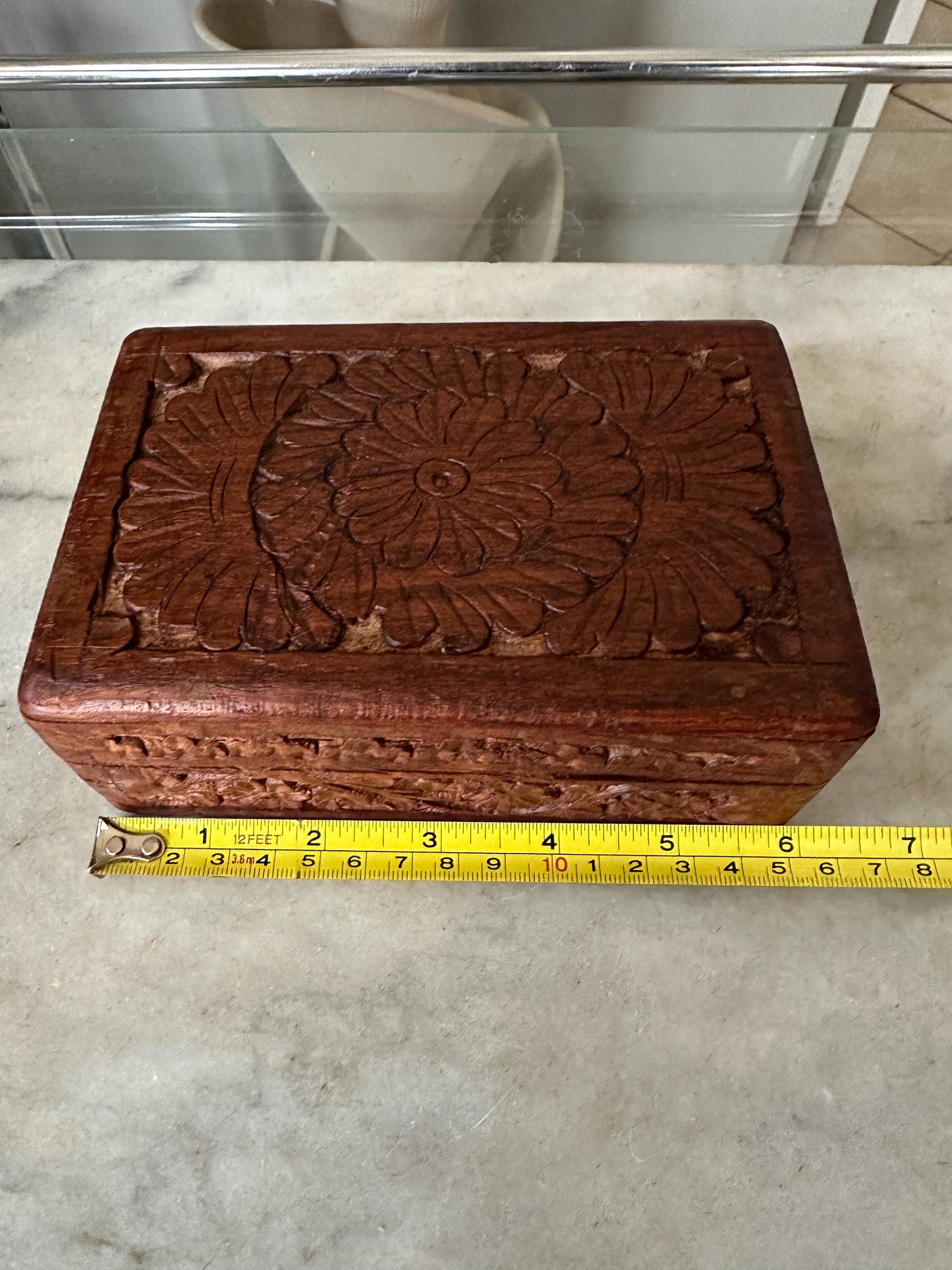 Vintage Carved Wooden Box, Hinged Lid,  4" x 6" size, Hand Carved in India