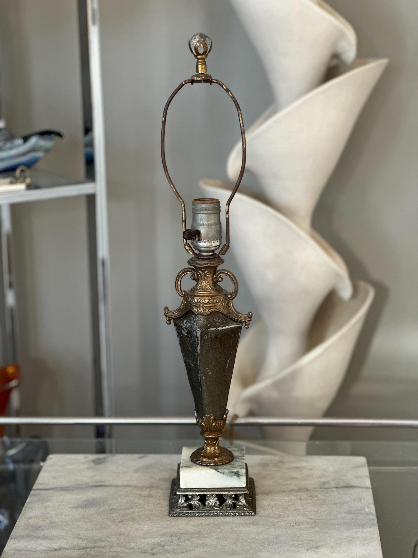 Vintage Neoclassical Marble & Ornate Metal Table Lamp – Classical Urn Form – 22” Tall