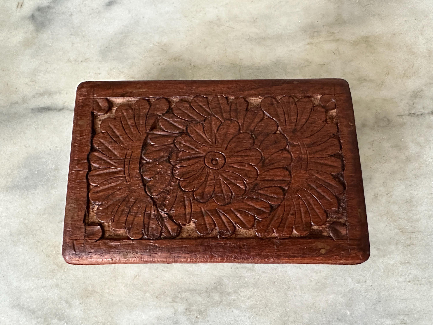Vintage Carved Wooden Box, Hinged Lid,  4" x 6" size, Hand Carved in India