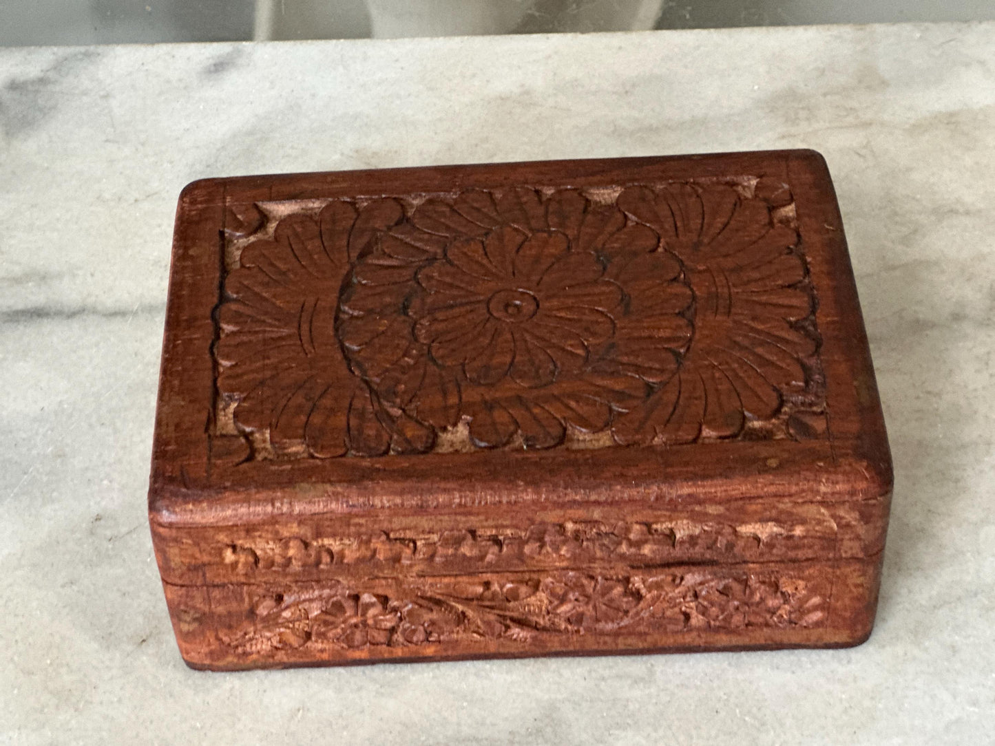 Vintage Carved Wooden Box, Hinged Lid,  4" x 6" size, Hand Carved in India