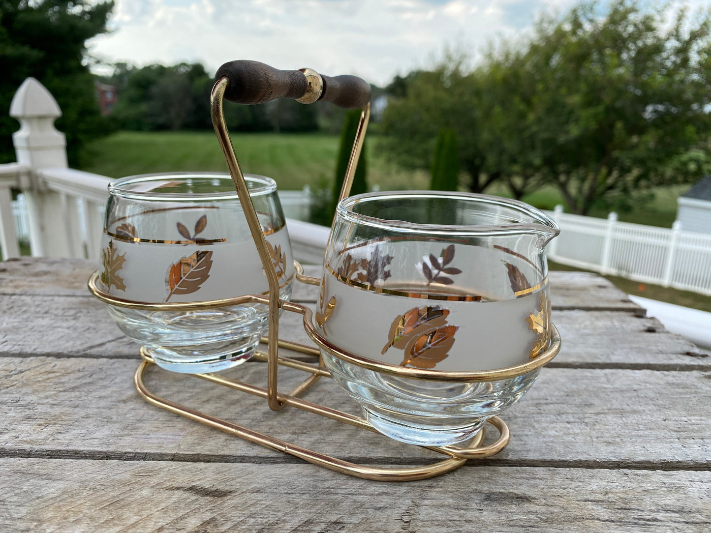 60’s Fall/Winter Libbey Creamer And Sugar Bowl. In Caddy. Mid Century Modern Libby Frosted Glassware