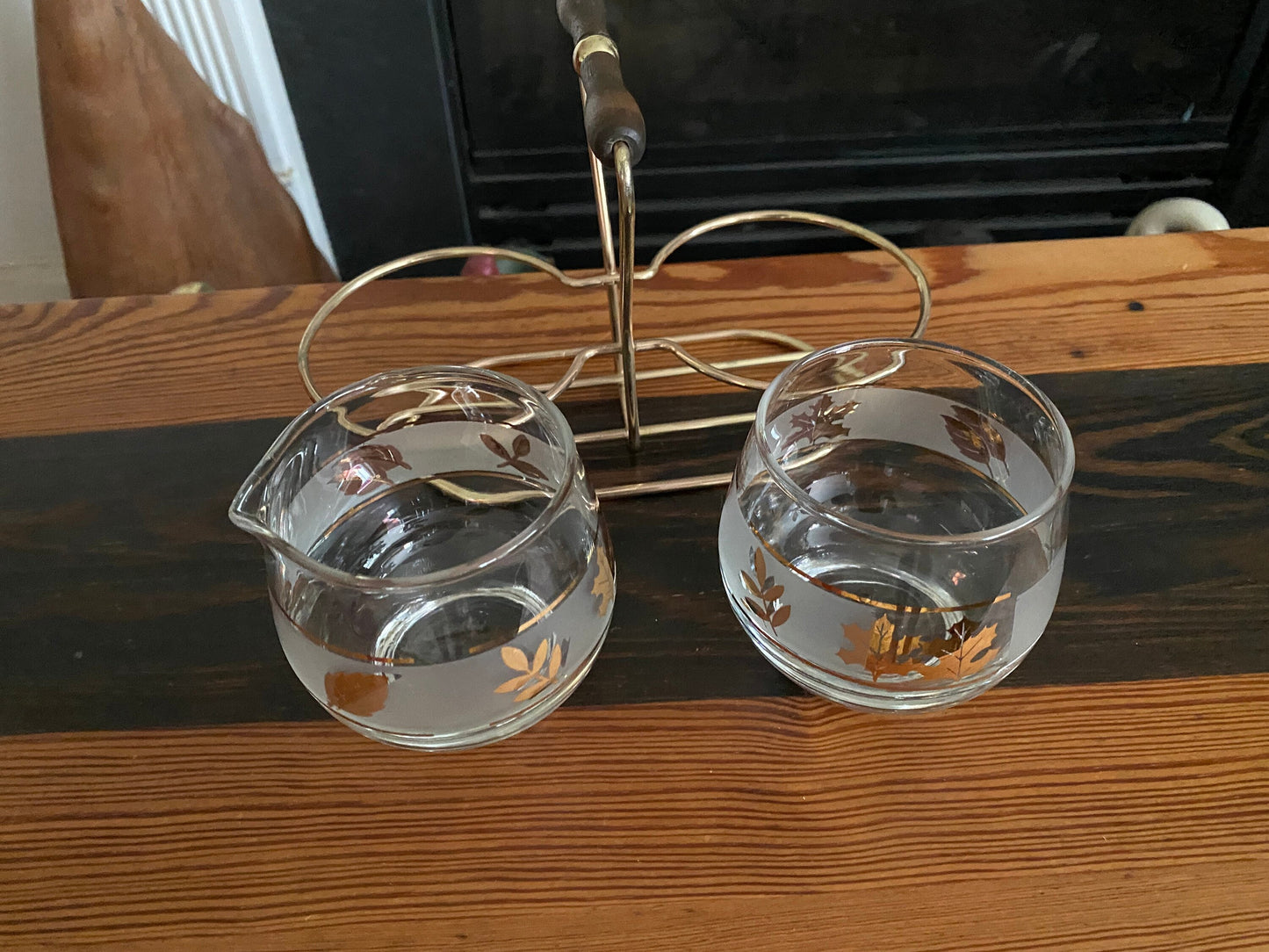 60’s Fall/Winter Libbey Creamer And Sugar Bowl. In Caddy. Mid Century Modern Libby Frosted Glassware