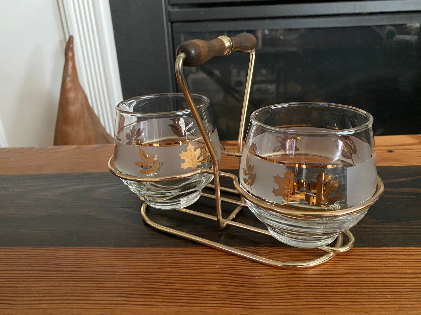 60’s Fall/Winter Libbey Creamer And Sugar Bowl. In Caddy. Mid Century Modern Libby Frosted Glassware