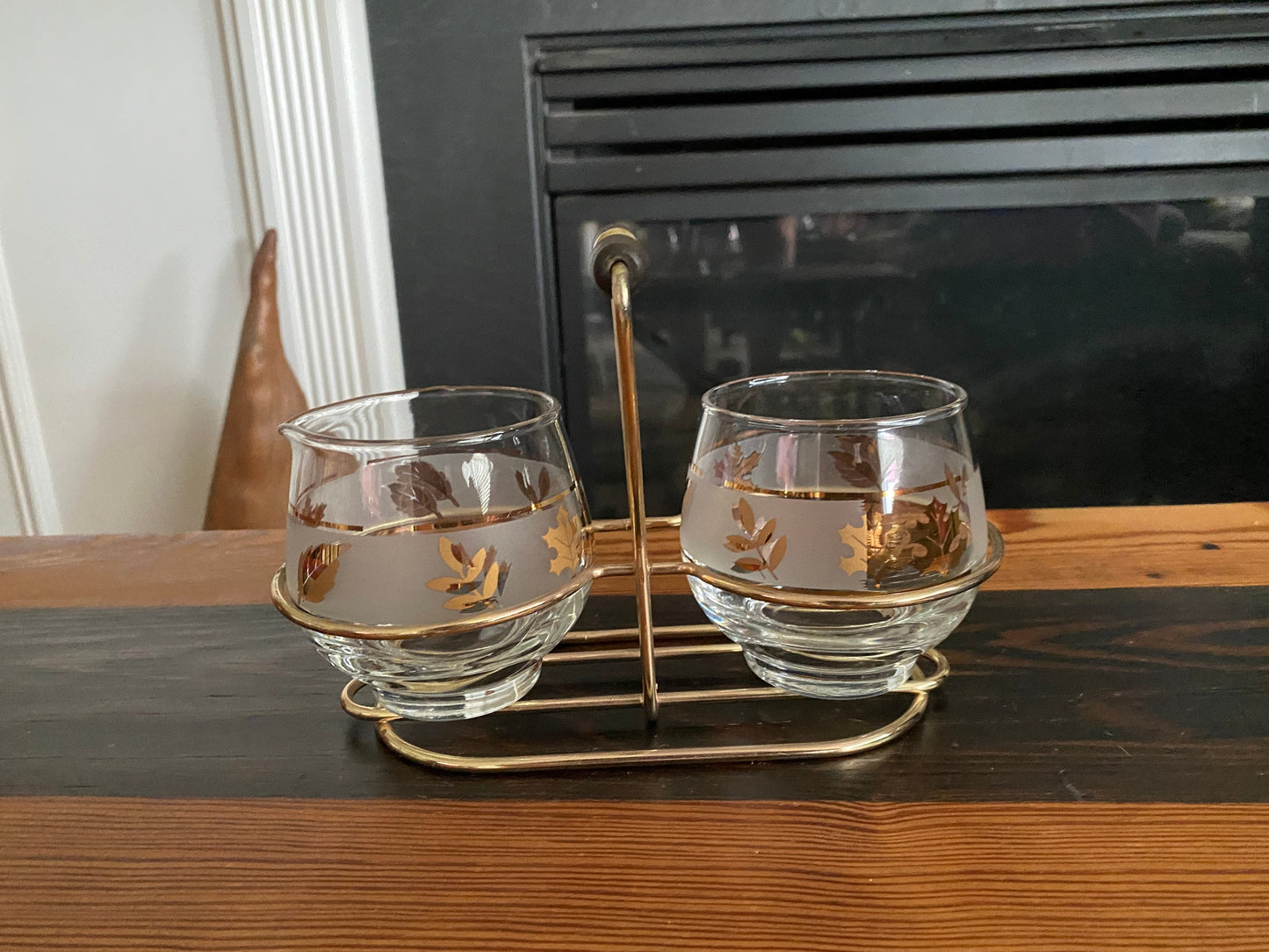 60’s Fall/Winter Libbey Creamer And Sugar Bowl. In Caddy. Mid Century Modern Libby Frosted Glassware