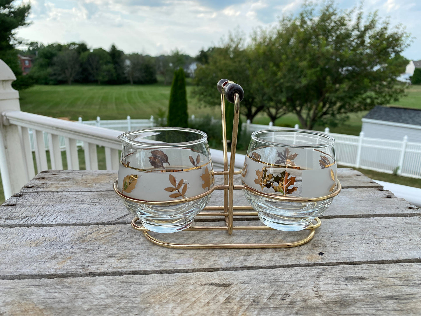 60’s Fall/Winter Libbey Creamer And Sugar Bowl. In Caddy. Mid Century Modern Libby Frosted Glassware