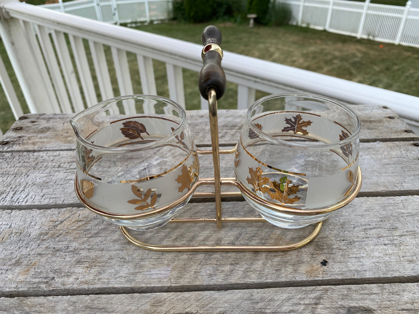 60’s Fall/Winter Libbey Creamer And Sugar Bowl. In Caddy. Mid Century Modern Libby Frosted Glassware