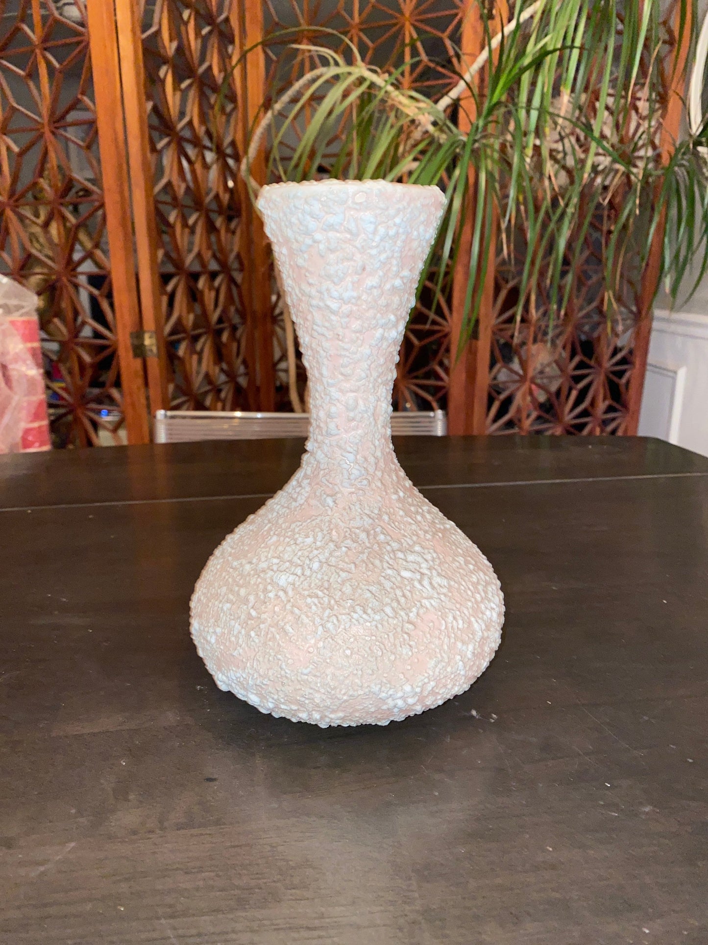 Mid Century Modern Pink and White Atomic Vase | MCM Popcorn Pottery