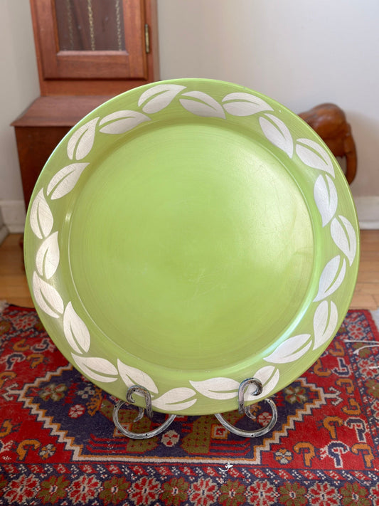 MCM large Chartreuse Tin Litho Tray with Silver Leave Birder | Vintage Tray | Tetro Green Tray | 19.75”
