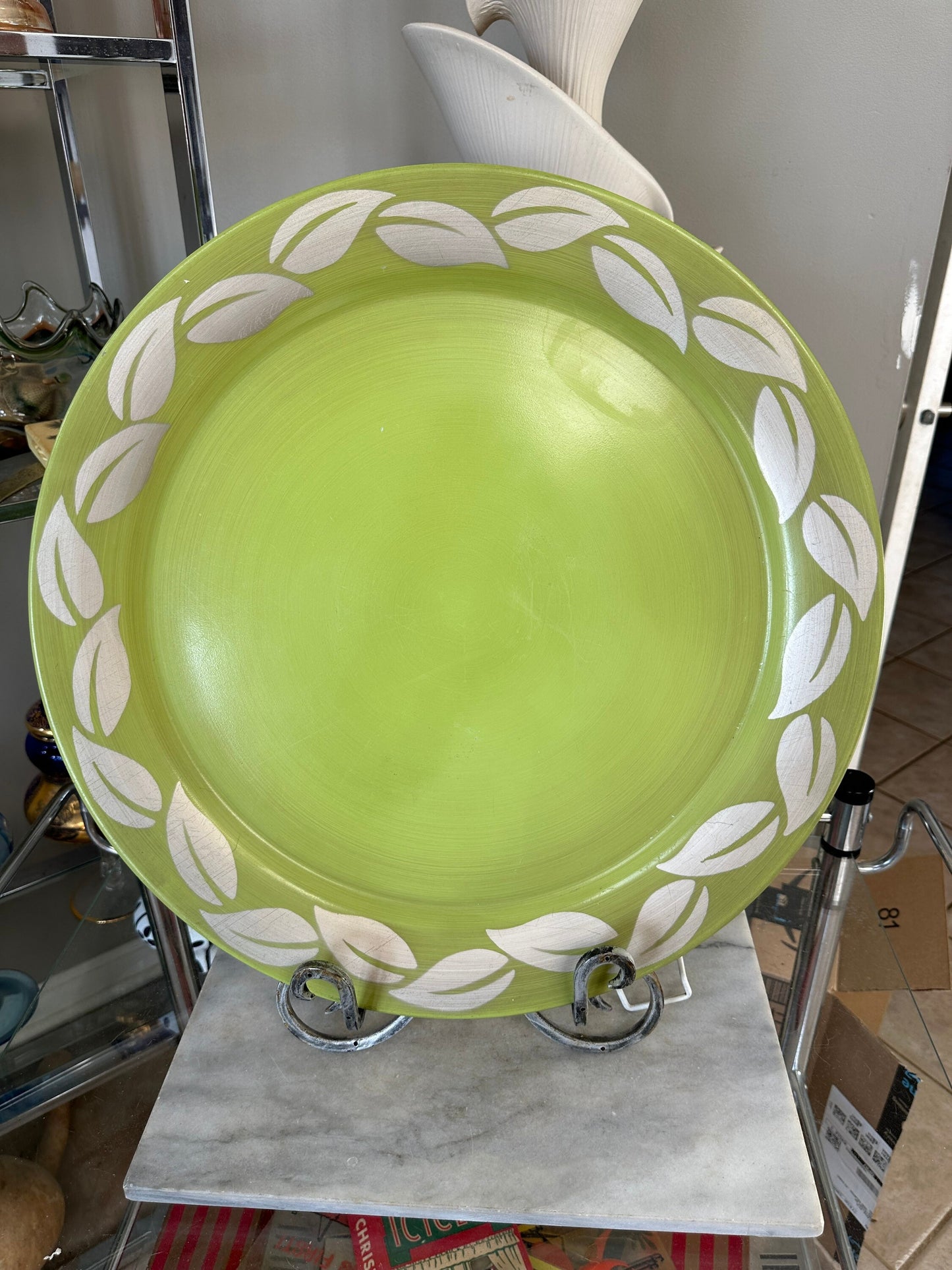 MCM large Chartreuse Tin Litho Tray with Silver Leave Birder | Vintage Tray | Tetro Green Tray | 19.75”