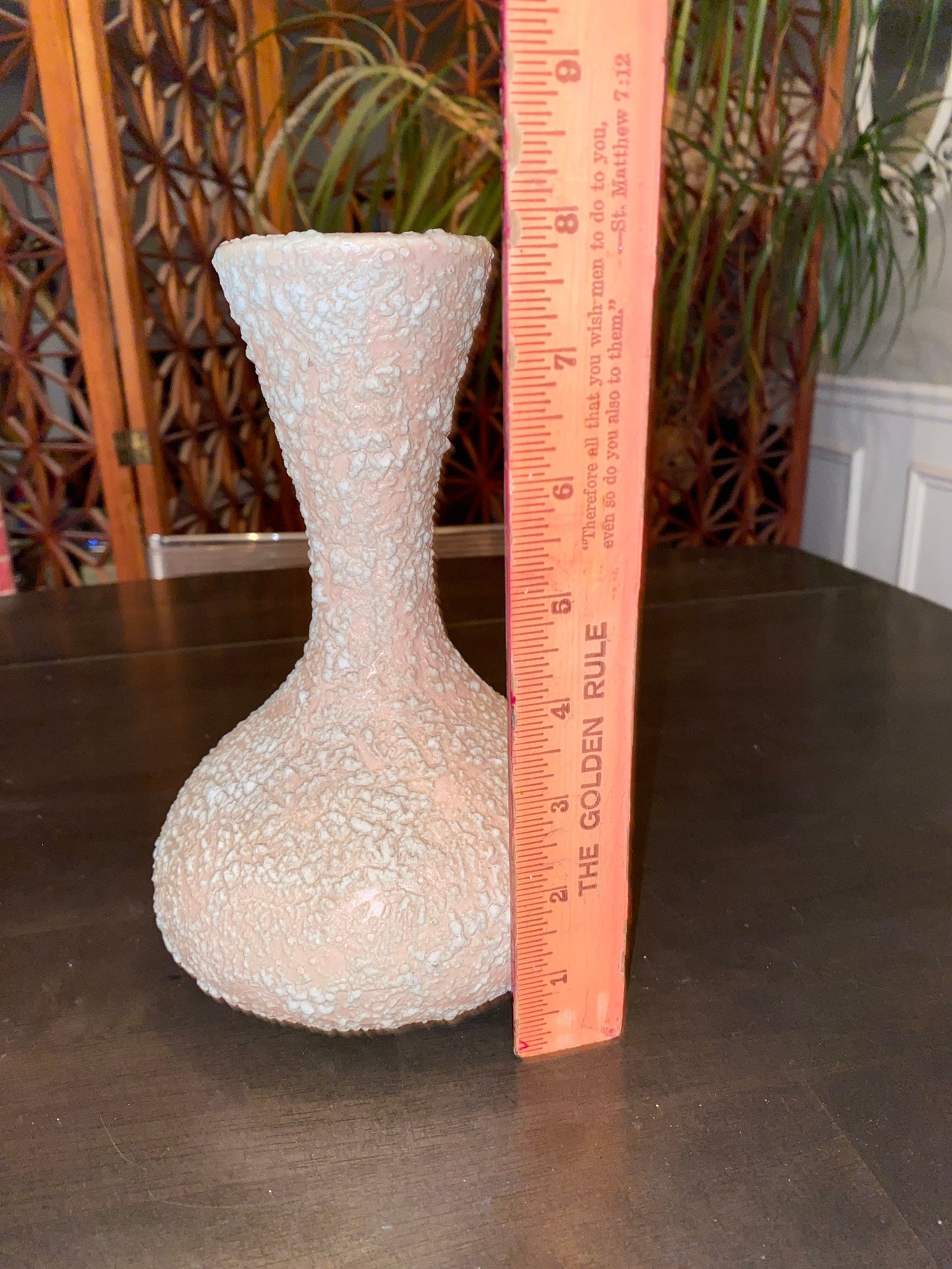 Mid Century Modern Pink and White Atomic Vase | MCM Popcorn Pottery