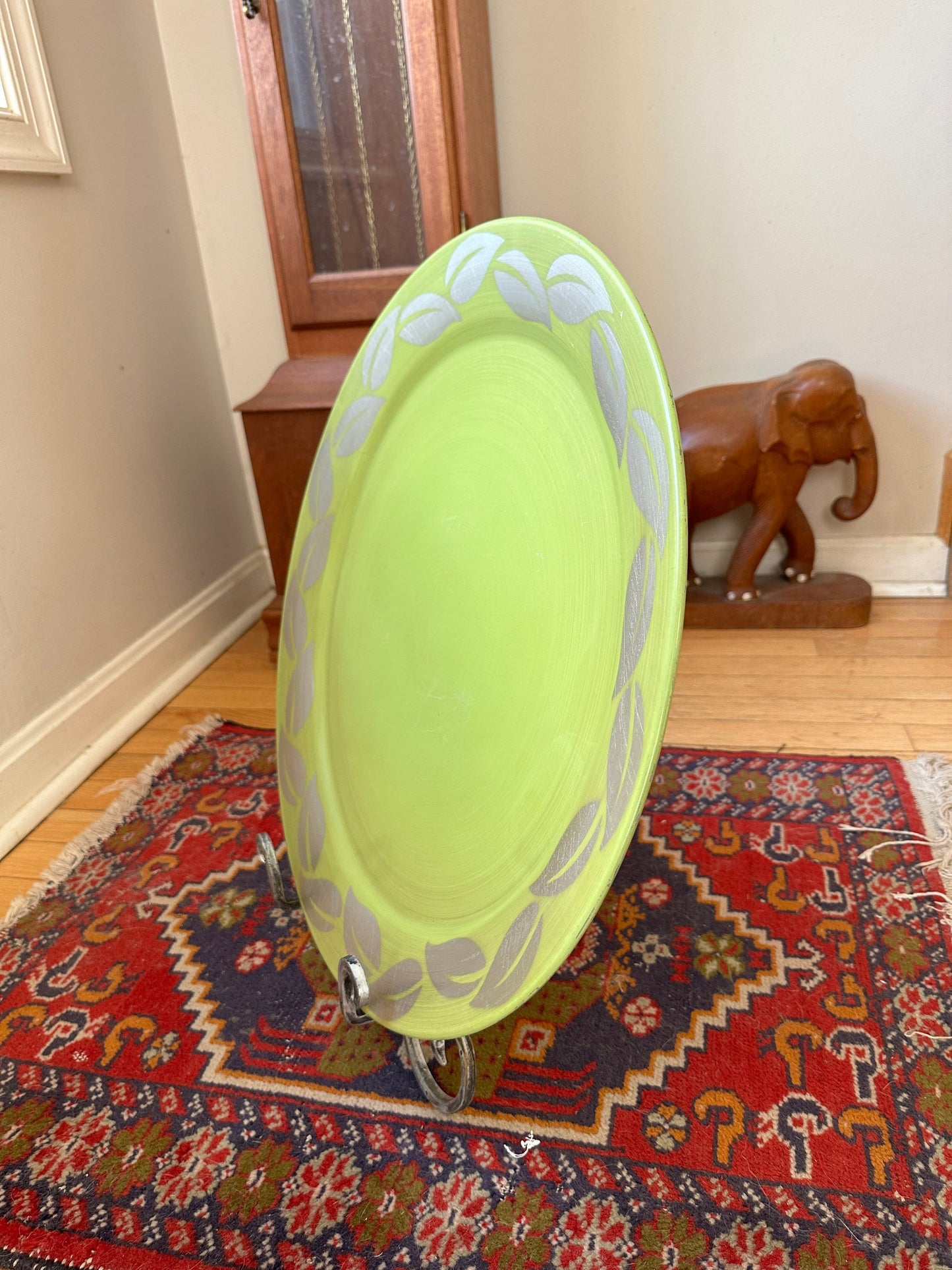 MCM large Chartreuse Tin Litho Tray with Silver Leave Birder | Vintage Tray | Tetro Green Tray | 19.75”