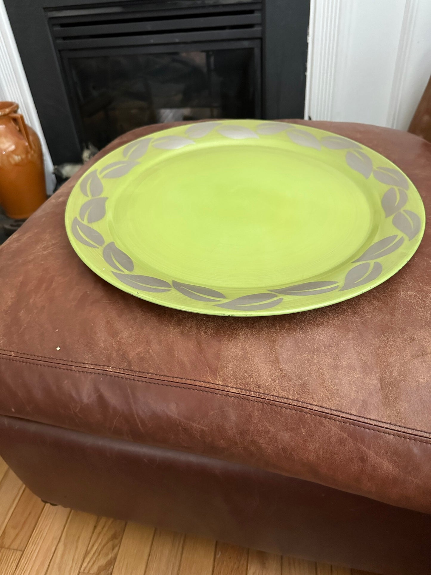 MCM large Chartreuse Tin Litho Tray with Silver Leave Birder | Vintage Tray | Tetro Green Tray | 19.75”