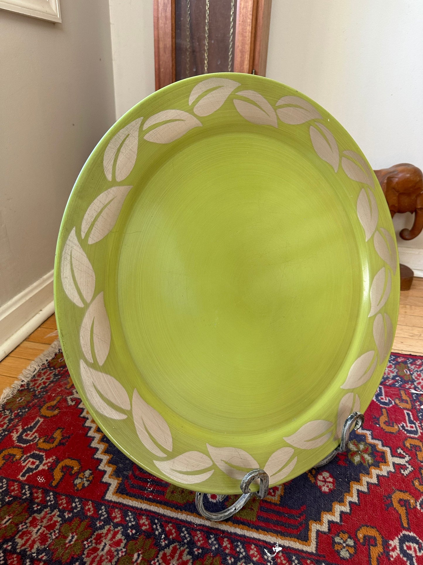 MCM large Chartreuse Tin Litho Tray with Silver Leave Birder | Vintage Tray | Tetro Green Tray | 19.75”