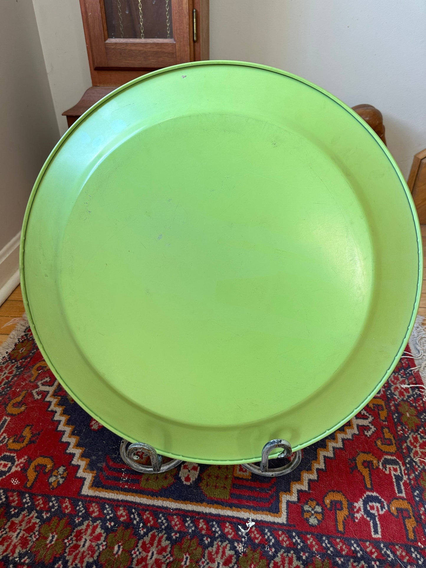 MCM large Chartreuse Tin Litho Tray with Silver Leave Birder | Vintage Tray | Tetro Green Tray | 19.75”