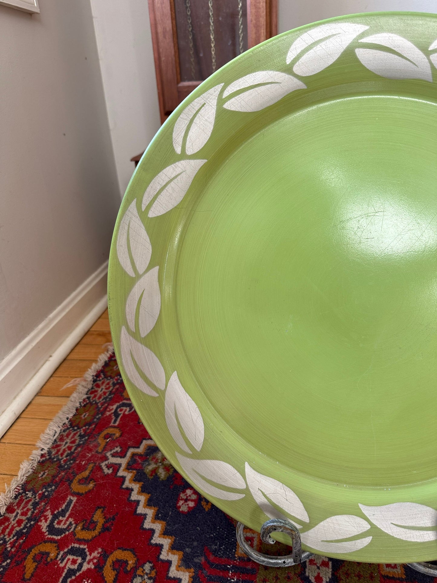 MCM large Chartreuse Tin Litho Tray with Silver Leave Birder | Vintage Tray | Tetro Green Tray | 19.75”