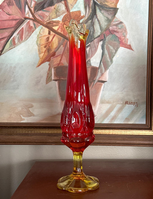 Vintage MCM Kanawha Glass Amberina Bullseye and Daisy Pedestal Swung Vase