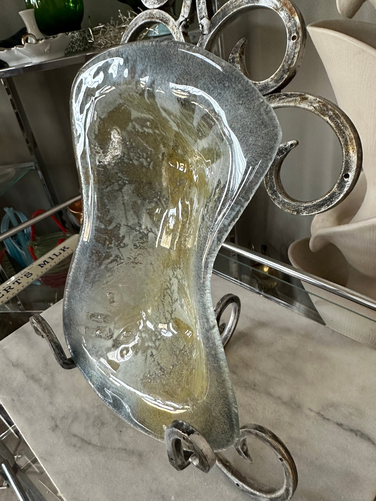 Mid Century Modern Fused Art Glass Abstract - Frosted Leaves - 11 x 7