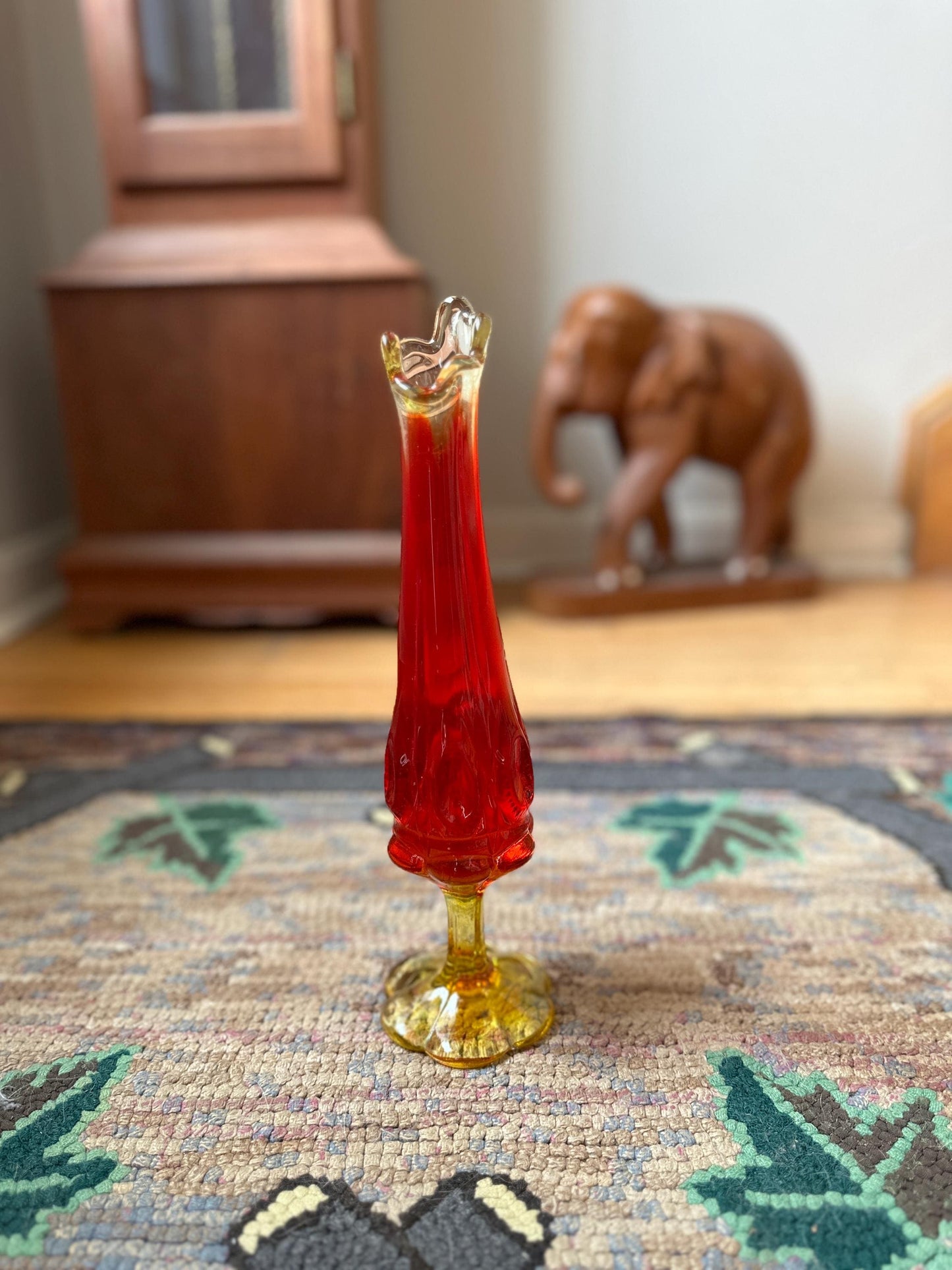Vintage MCM Kanawha Glass Amberina Bullseye and Daisy Pedestal Swung Vase