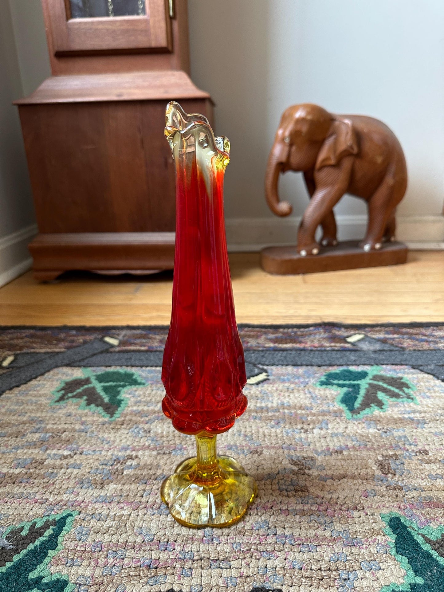 Vintage MCM Kanawha Glass Amberina Bullseye and Daisy Pedestal Swung Vase