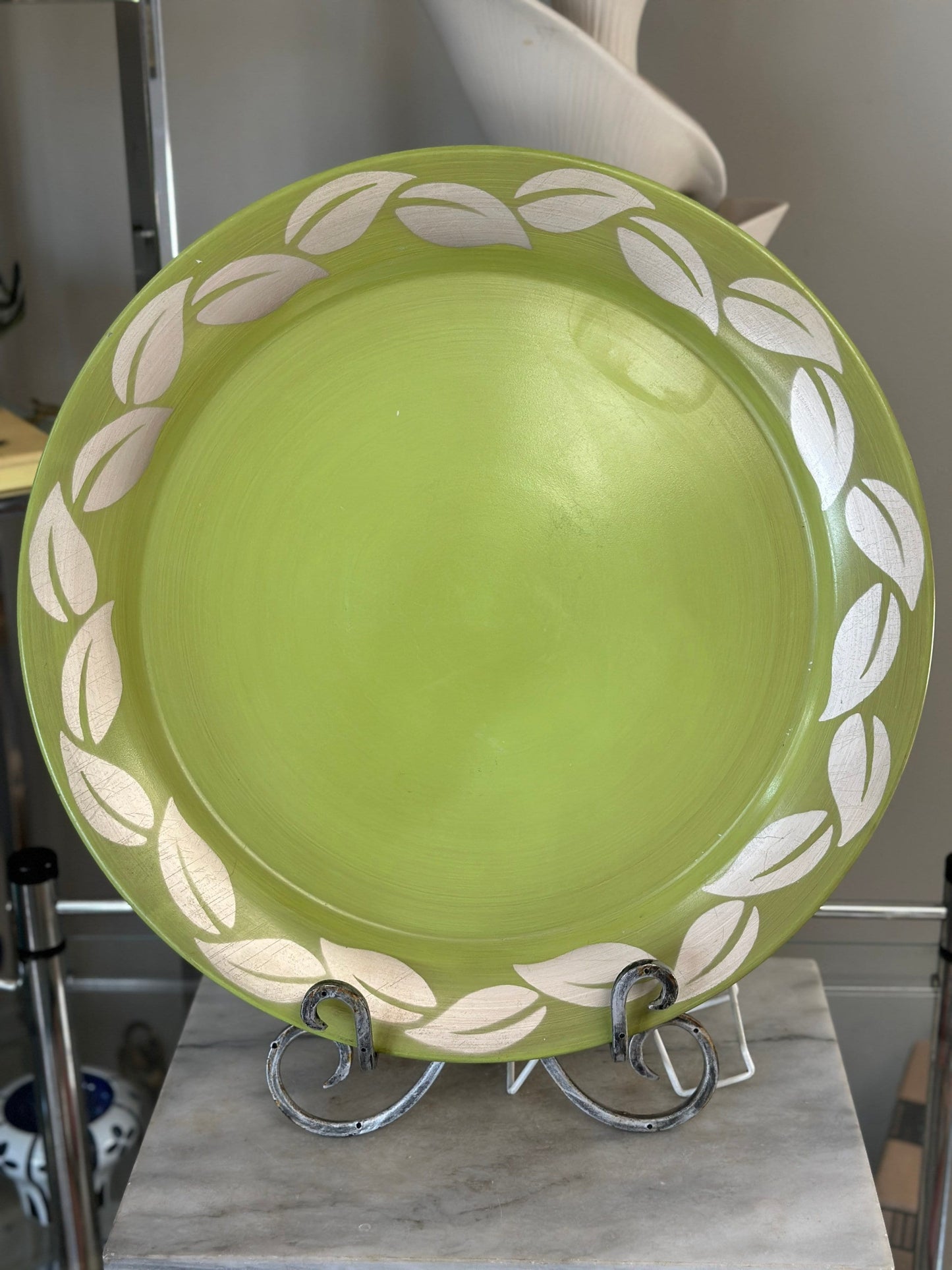 MCM large Chartreuse Tin Litho Tray with Silver Leave Birder | Vintage Tray | Tetro Green Tray | 19.75”
