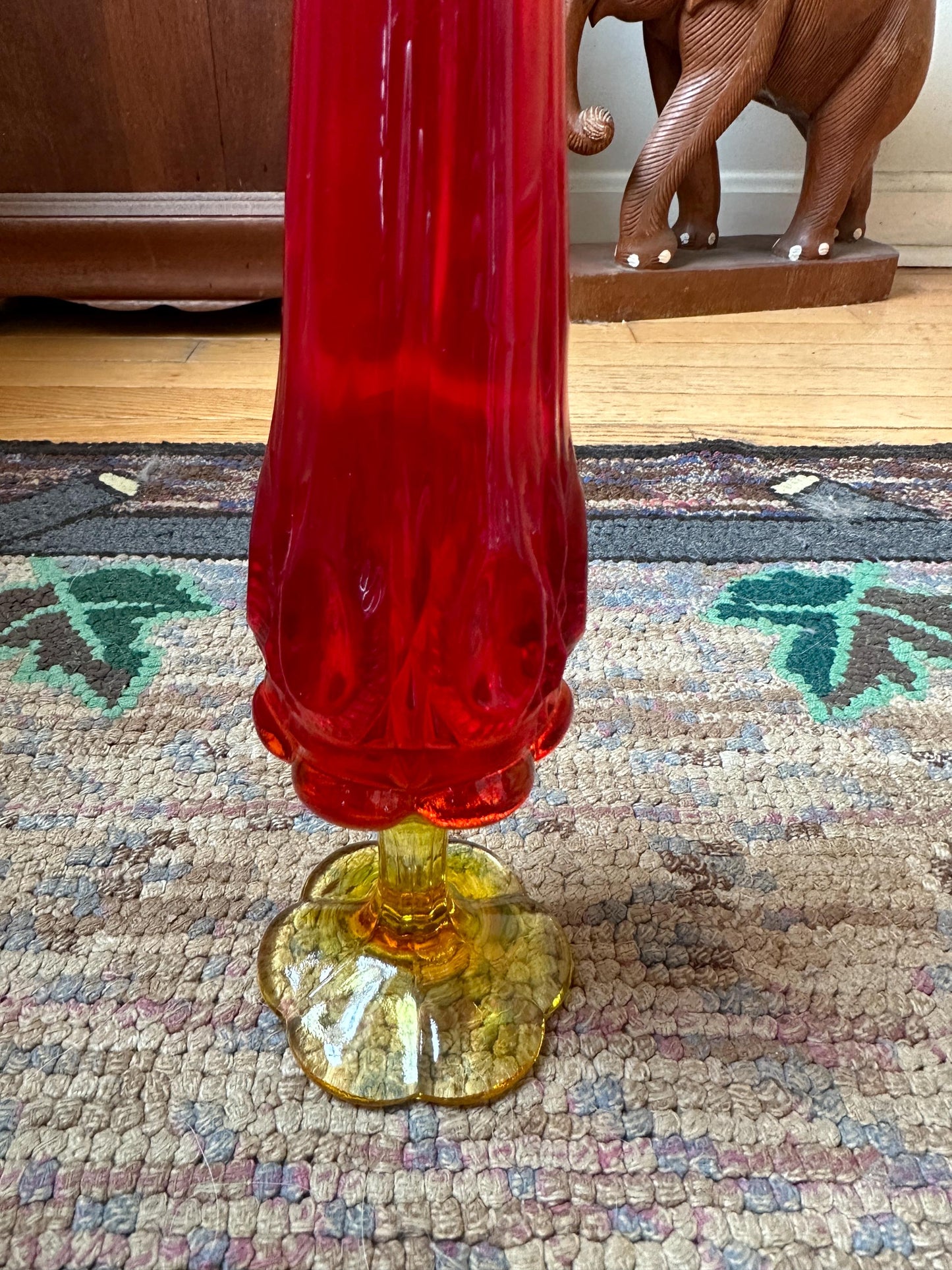Vintage MCM Kanawha Glass Amberina Bullseye and Daisy Pedestal Swung Vase