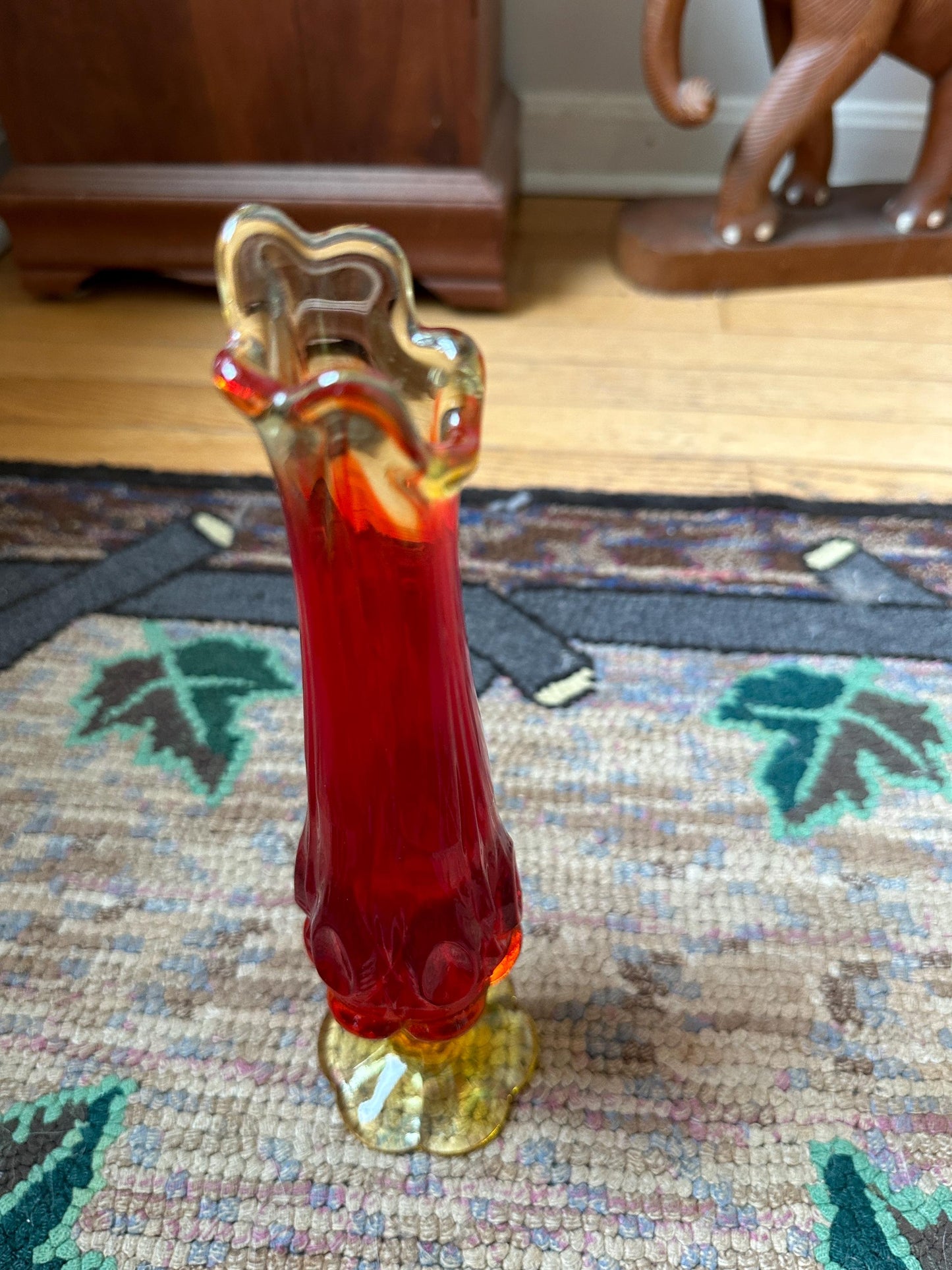 Vintage MCM Kanawha Glass Amberina Bullseye and Daisy Pedestal Swung Vase
