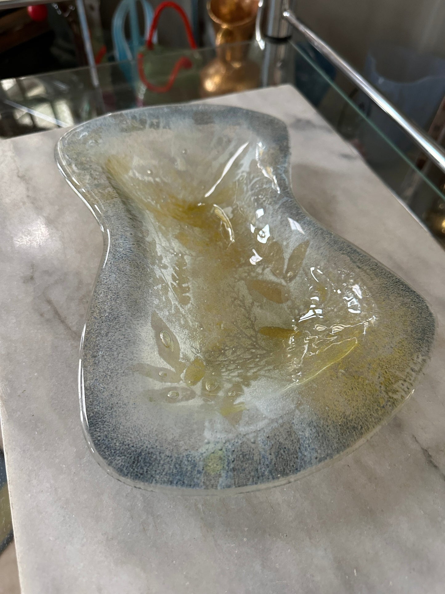 Mid Century Modern Fused Art Glass Abstract - Frosted Leaves - 11 x 7