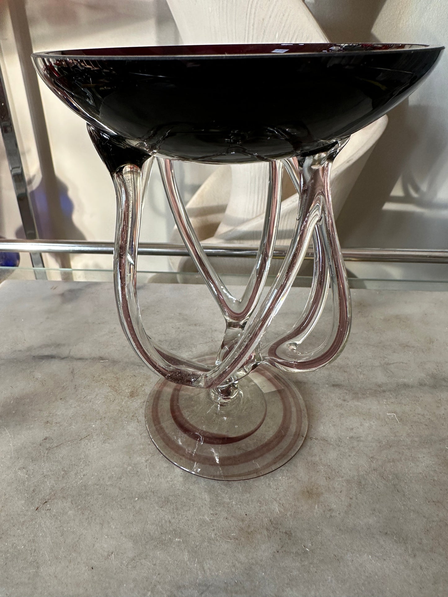 Vintage POLAND Handmade ARABESKA, PURPLE Art Glass Sculpture Octopus Jellyfish Bowl Vase