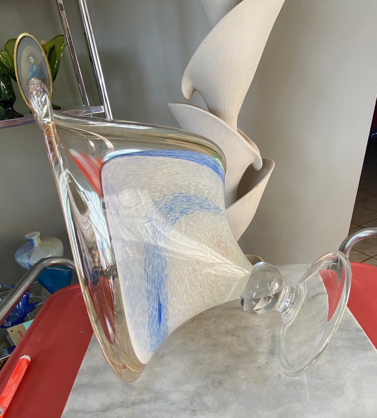 Millefiori Murano Style Handblown Glass Bowl | MCM Murano Pedestal Bowl | Large Murano Centerpiece