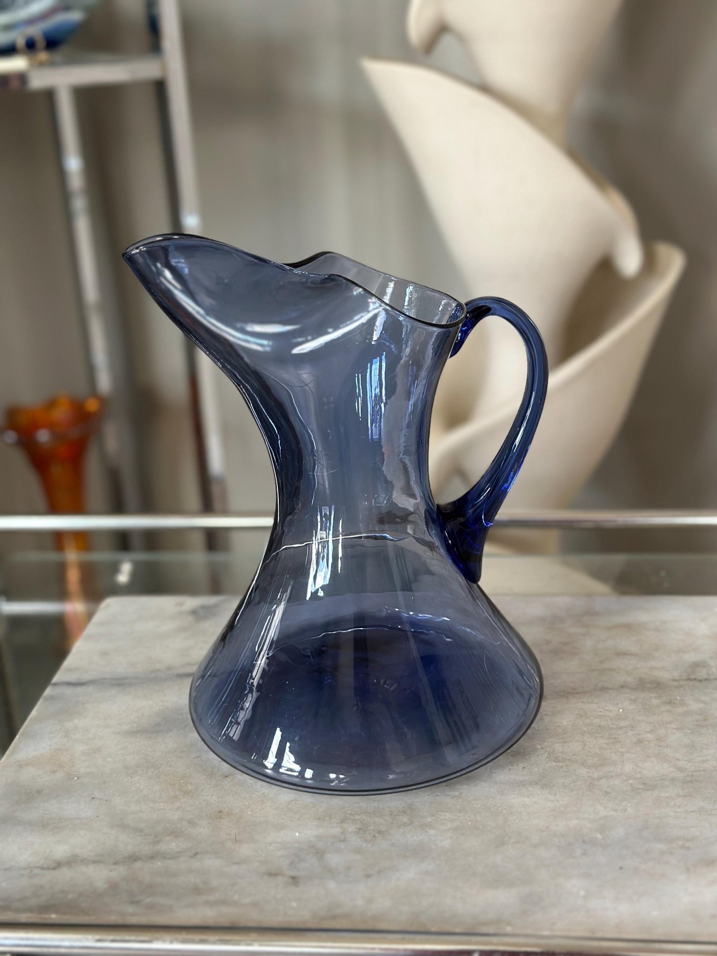 Vintage MCM Smokey Blue Glass Pitcher – (Blenko / Guildcraft ?) – Mid-Century Art Glass