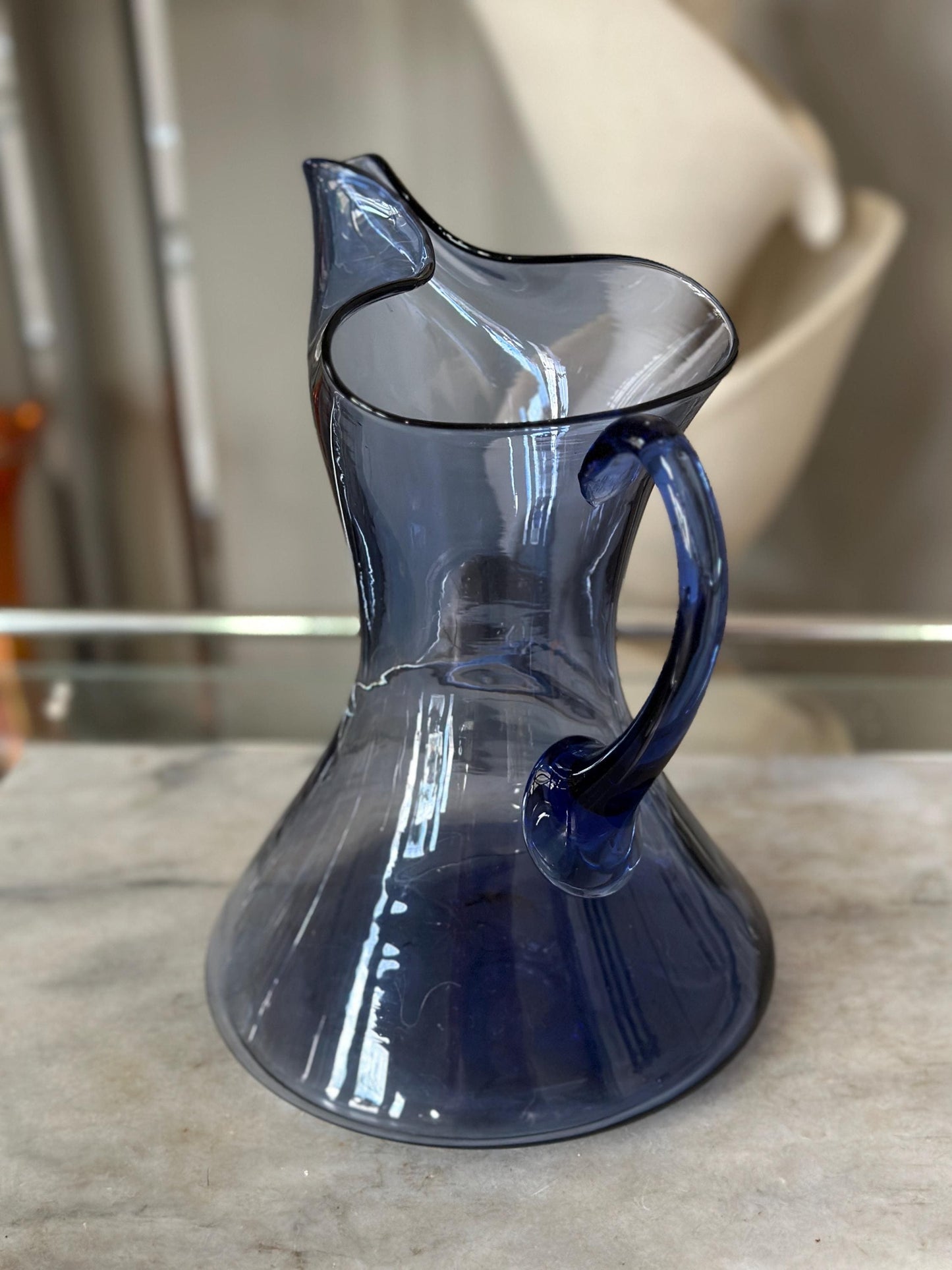 Vintage MCM Smokey Blue Glass Pitcher – (Blenko / Guildcraft ?) – Mid-Century Art Glass