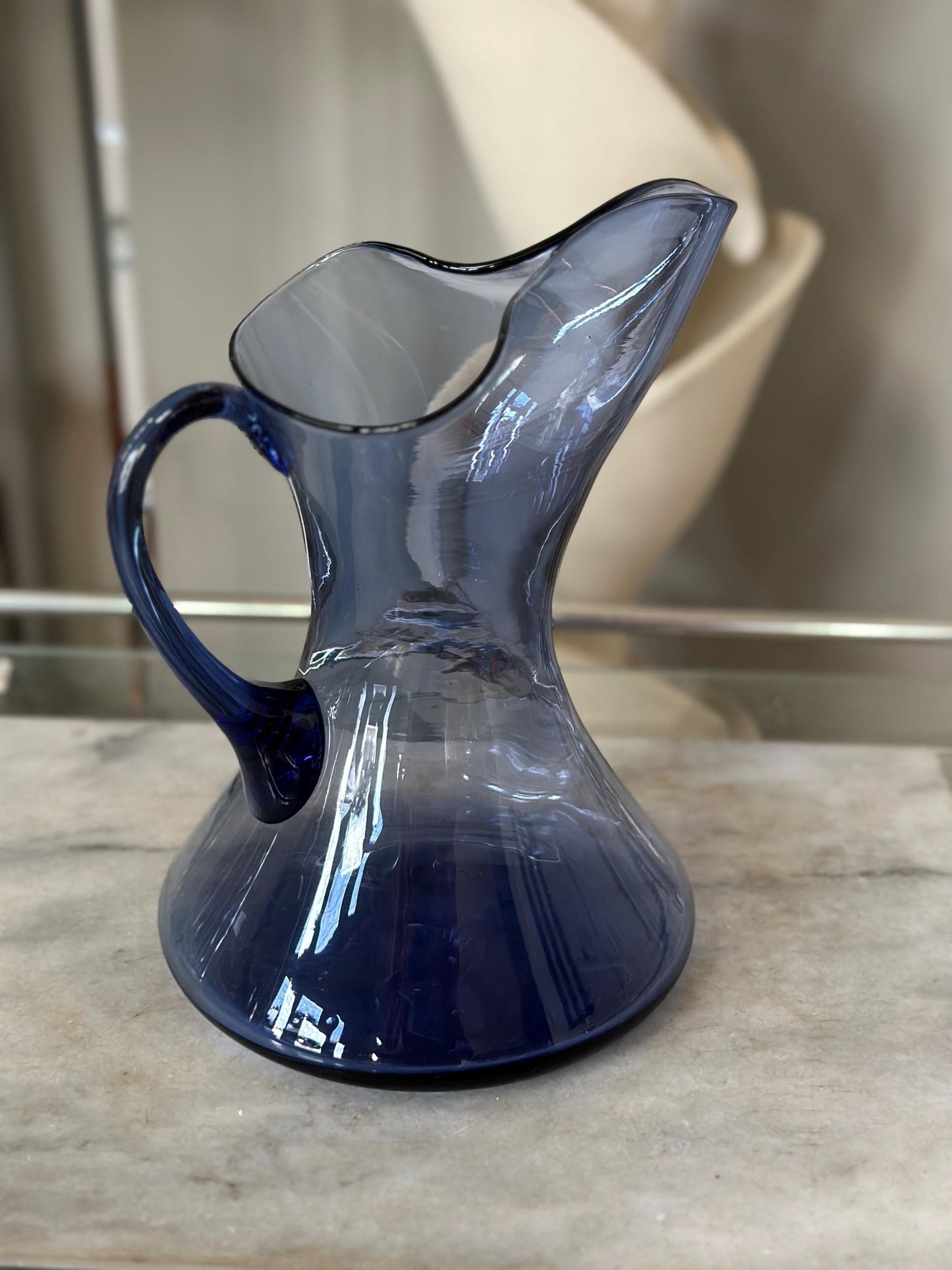 Vintage MCM Smokey Blue Glass Pitcher – (Blenko / Guildcraft ?) – Mid-Century Art Glass