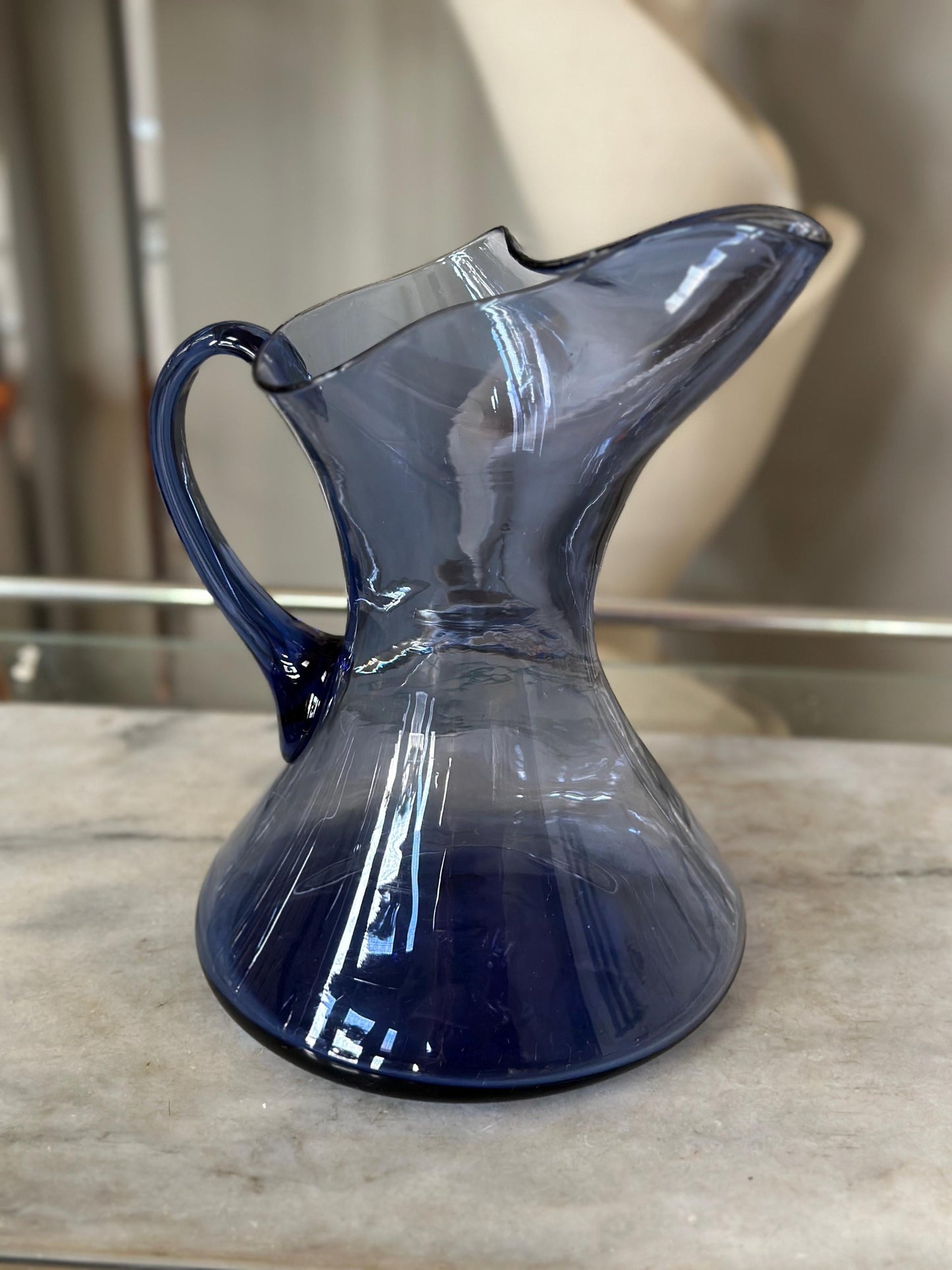 Vintage MCM Smokey Blue Glass Pitcher – (Blenko / Guildcraft ?) – Mid-Century Art Glass
