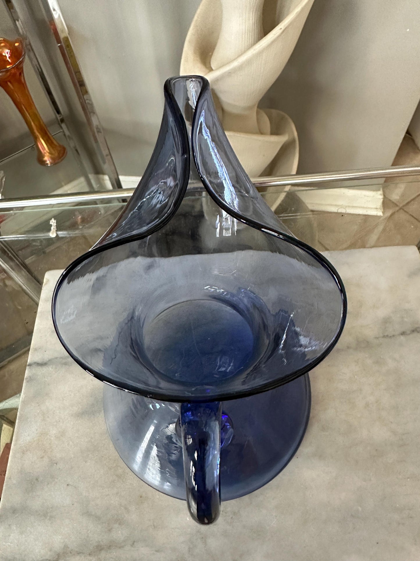 Vintage MCM Smokey Blue Glass Pitcher – (Blenko / Guildcraft ?) – Mid-Century Art Glass